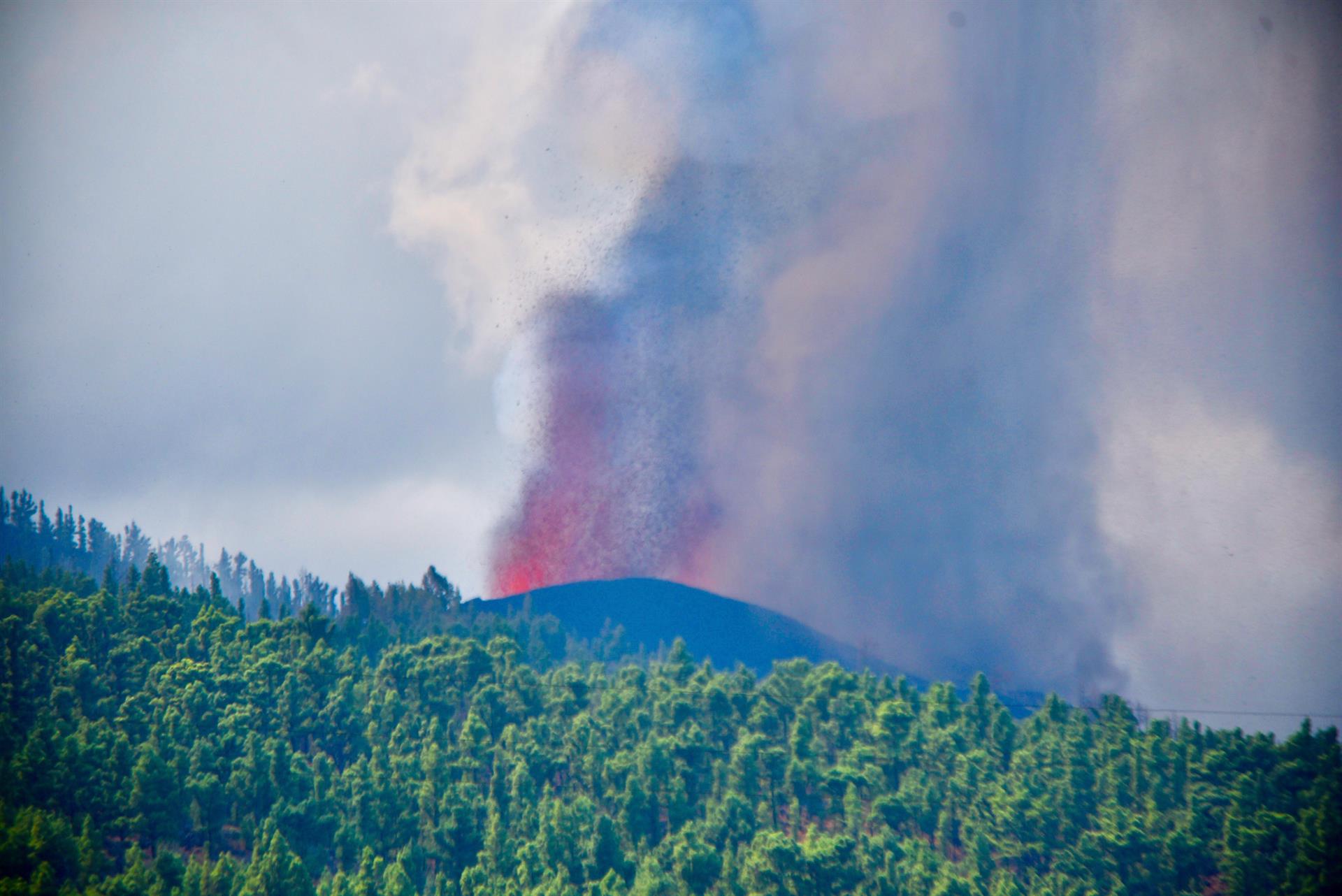 El nuevo volcán que estalló este domingo en La Palma está emitiendo de 6.000 a 9.000 toneladas diarias de dióxiodo de azufre (SO2) y ha formado una colada con una altura media de seis metros que avanza a 700 metros por hora, arrasando a su paso casas, cultivos e infraestructuras. EFE/ Miguel Calero