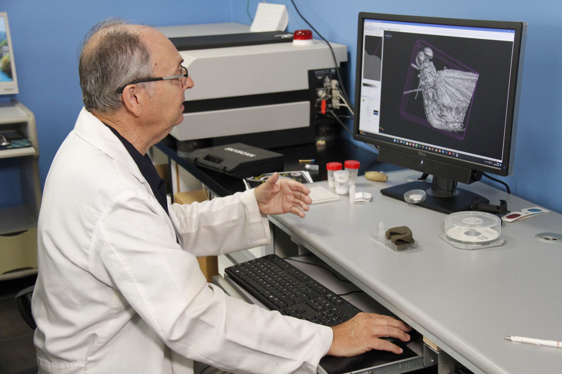 El catedrático de Zoología de la Universidad de Granada, Javier Alba-Tercedor,muestra el trabajo especializado de microtomografía que le permitió obtener imágenes nítidas del nuevo insecto.