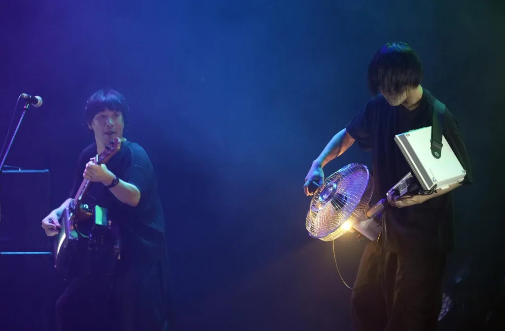 Electronicos Fantasticos! leader Ei Wada (L) performs on stage with a band member during a concert at Kanda Myojin Hall in Tokyo, Japan, 02 September 2022 (issued 05 September 2022). EFE/EPA/FRANCK ROBICHON
