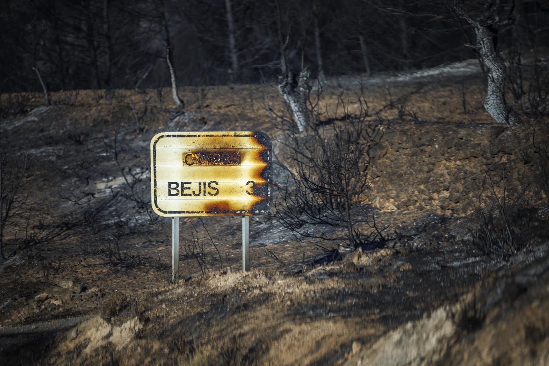 Imagen de archivo de la carretera que une las localidades castellonenses de El Toro y Torás, con los alrededores calcinados debido al incendio forestal que se declaró en el término municipal de Bejís. EFE/Biel Aliño