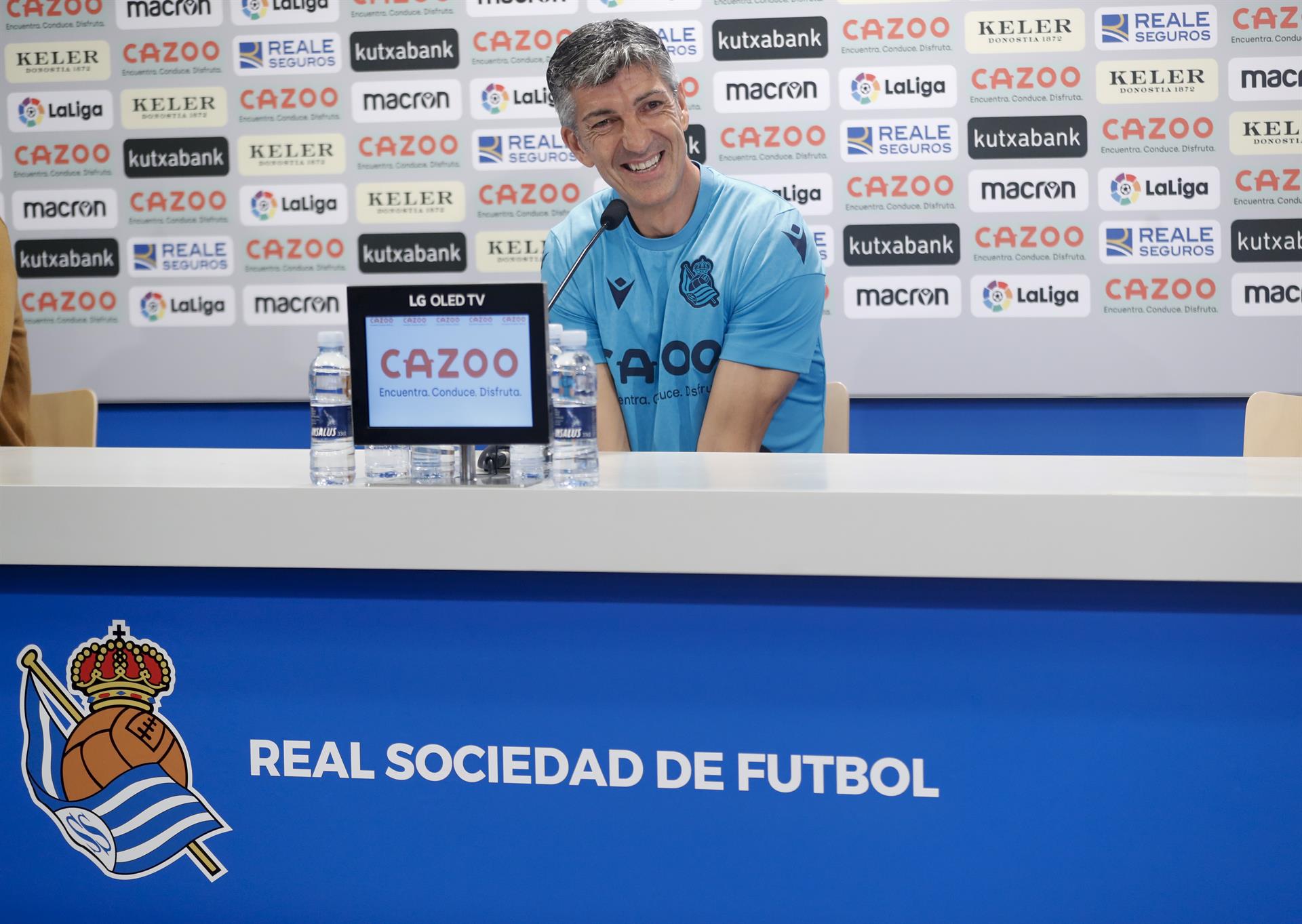 El entrenador de la Real Sociedad Imanol Alguacil, ofrece este viernes una conferencia de prensa previa al partido que disputará contra el Girona. EFE/Juan Herrero.