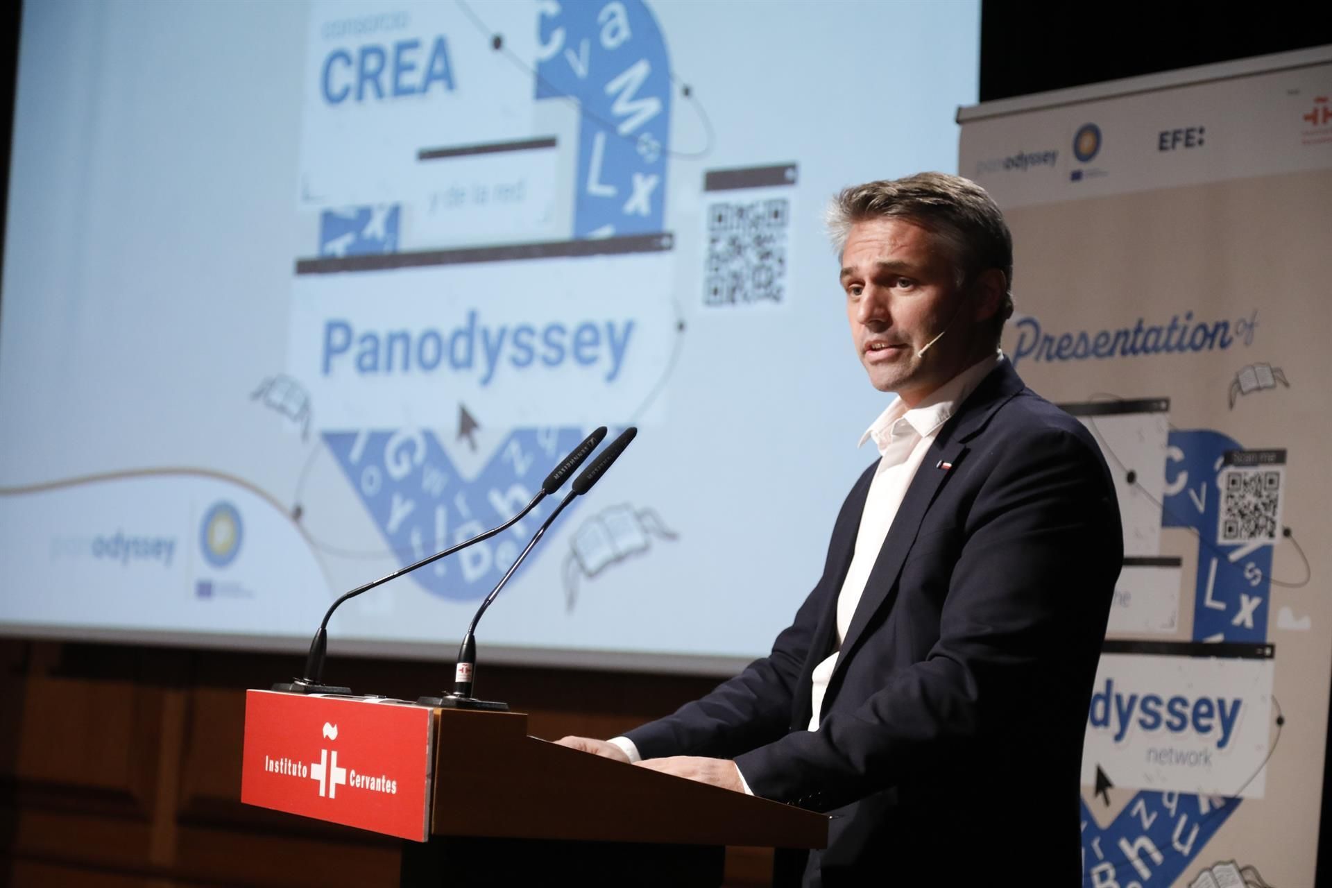El CEO de Panodyssey, Alexandre Leforestier, interviene durante la presentación de la plataforma CREAR, este miércoles en la sede del Instituto Cervantes en Madrid. EFE/ David Fernández