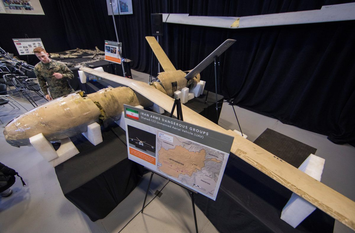 Imagen de archivo de un dron iraní Shahed-123, similar al empleado en el ataque del martes cerca de Kiev, exhibido en Washington, en una conferencia sobre material bélico iraní.