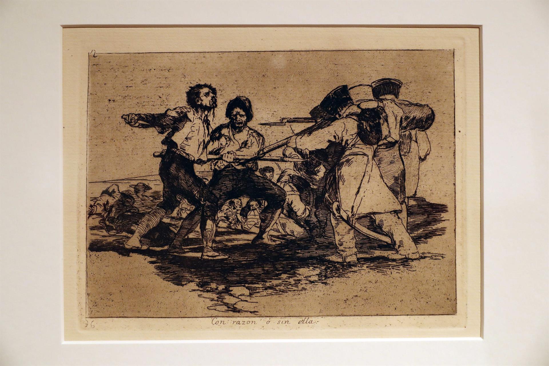 La Fundación Mapfre presentó este viernes una exposición de 80 grabados de Francisco de Goya, correspondientes a la serie "Desastres de la guerra".En la imagen, uno de los grabados, titulado "Con razón o sin ella". EFE/ Elvira Urquijo A.
