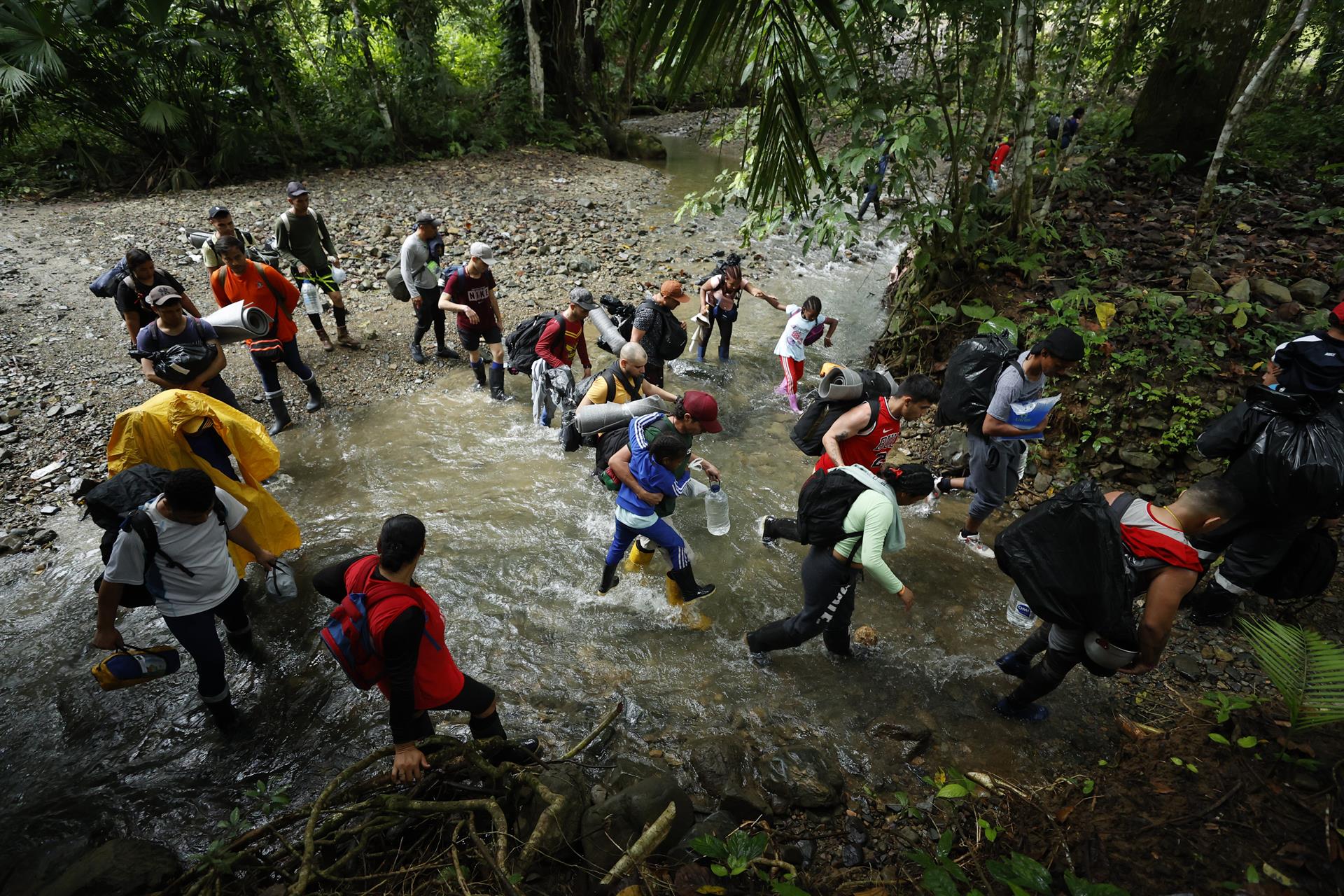 Migrantes venezolanos suben una montaña con la intención de llegar a Panamá, el 8 de octubre de 2022 en el Tapón del Darién (Colombia). EFE/Mauricio Dueñas Castañeda