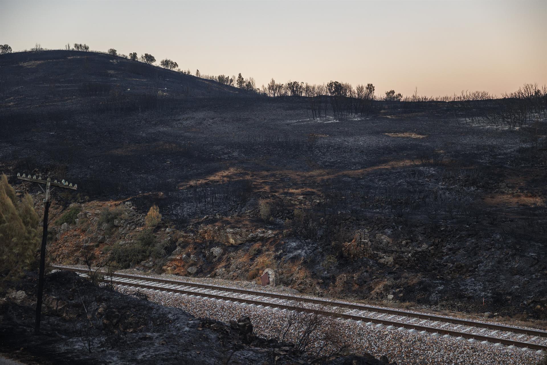 Vista de la vía de tren a la altura de Barracas (Castellón) con los alrededores quemados por el incendio forestal del término municipal de Bejís, en el interior de la provincia de Castellón. EFE/Biel Aliño/Archivo