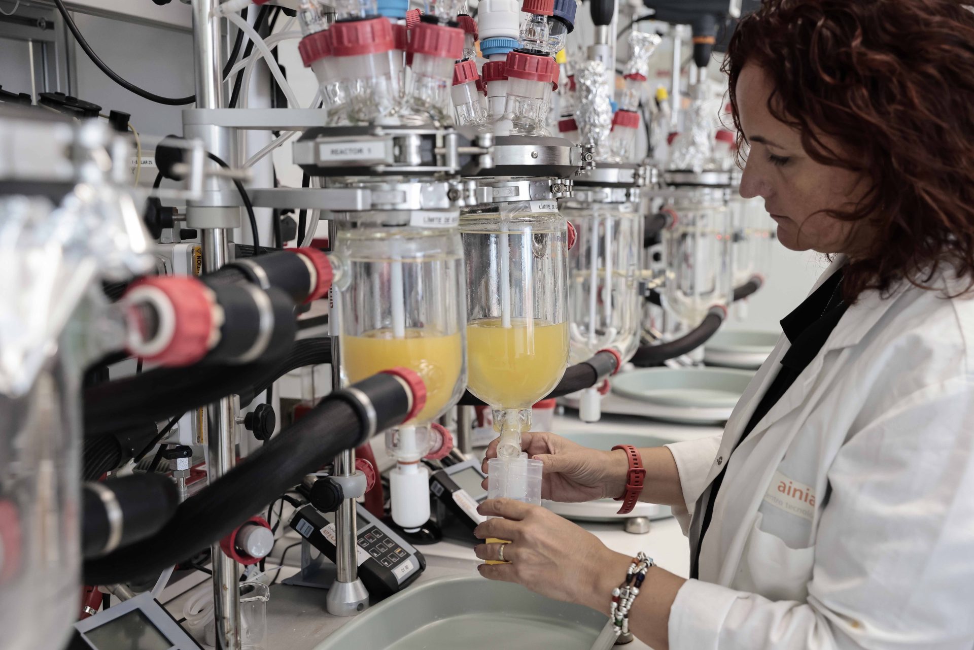 Blanca Viadel, haciendo uso del digestor dinámico in vitro, que reproduce los procesos que tienen lugar en el tracto gastrointestinal humano, desarrollado por AINIA. EFE/Ana Escobar