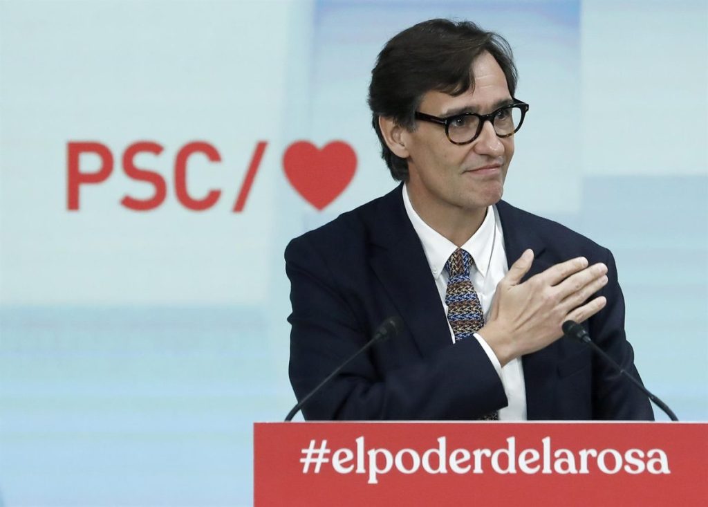 El primer secretario del PSC, Salvador Illa, durante su intervención en un acto organizado por el partido socialista de Cataluña