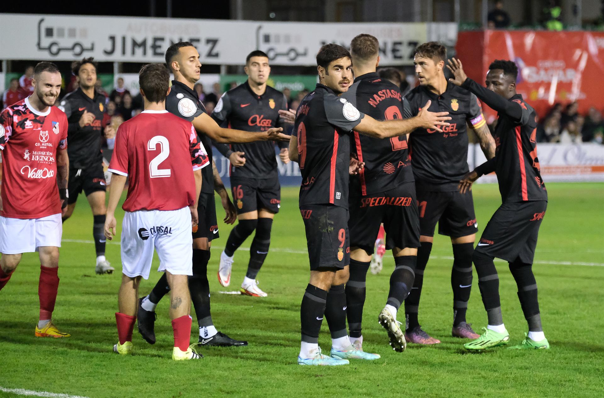 Los jugadores del Real Mallorca celebran uno de los goles del equipo durante el partido de primera eliminatoria de la Copa del Rey que disputan Autol y Real Mallorca en el campo La Planilla, en Calahorra. EFE/Raquel Manzanares.