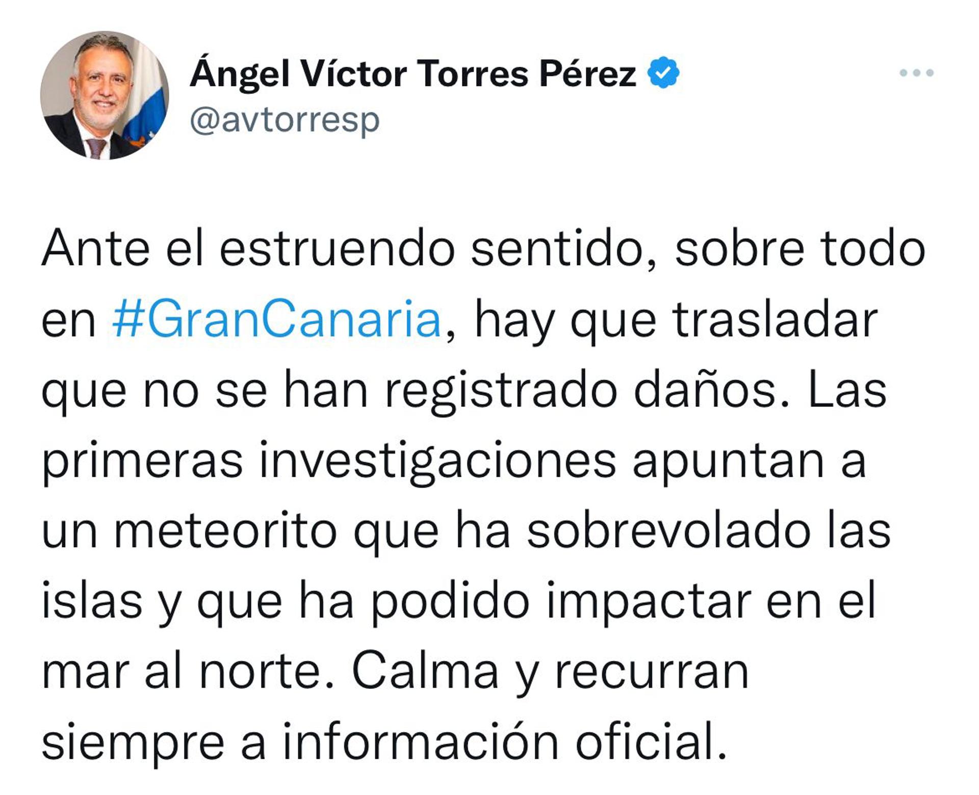 Imagen del tuit del presidente del Gobierno canario sobre el meteorito que habría impactado este miércoles en Gran Canaria.