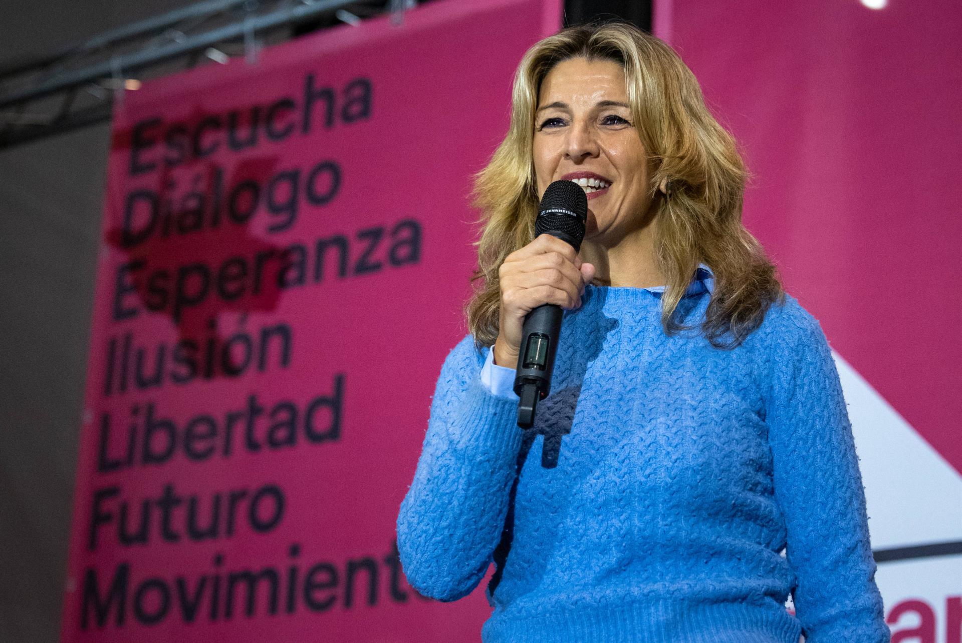 La vicepresidenta segunda del Gobierno y ministra de Trabajo y Economía Social, Yolanda Díaz, durante el acto que ha celebrado hoy miércoles en Logroño, presentando su proyecto "Sumar".- EFE/Raquel Manzanares.