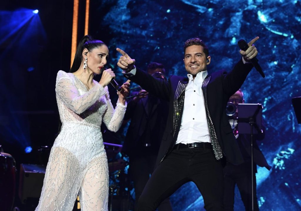 El cantante David Bisbal junto a Rosa López durante su actuación celebrada esta noche en el Power Horse Stadium de Almería para conmemorar sus 20 años de carrera musical. 