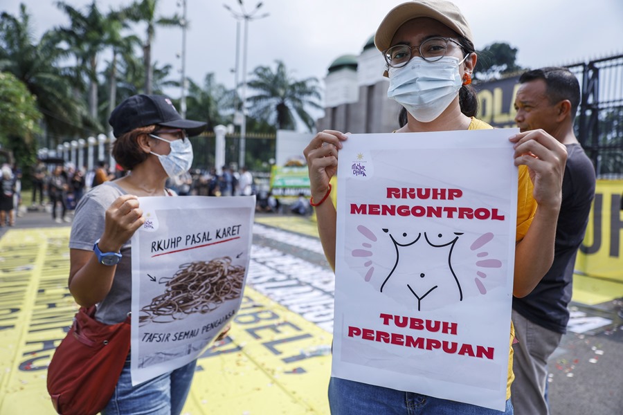 A person wearing a mask holds a a placard reading 'The criminal law controls women's body'