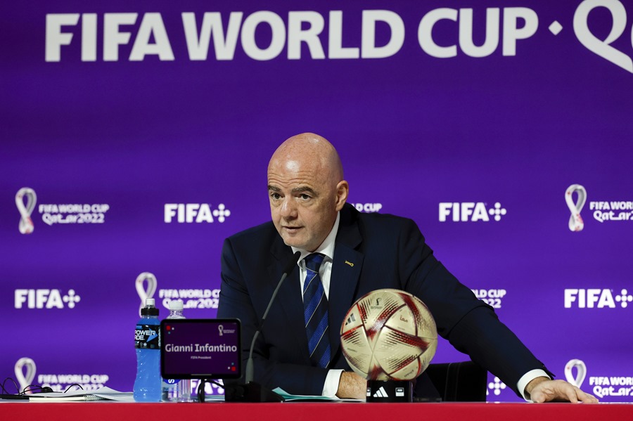 Doha, Qatar. 16th Dec, 2022. 2022 FIFA World Cup Press Conference before  Final Games Dec 16th. Gianni Infantino, President of FIFA speaking to the  press Credit: Action Plus Sports Images/Alamy Live News