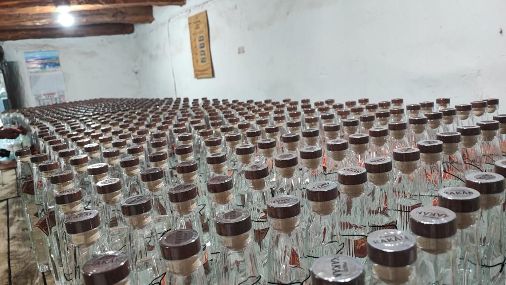 Fotografía de decenas de botellas en destilaría pisquera de Chañaral de Caren, en la comuna de Monte Patria, Valle de Limarí, el 15 de diciembre, en Ovalle región de Coquimbo (Chile). EFE/Iñaki Martinez
