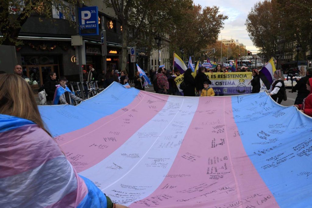 Manifestantes con una bandera trans en Madrid