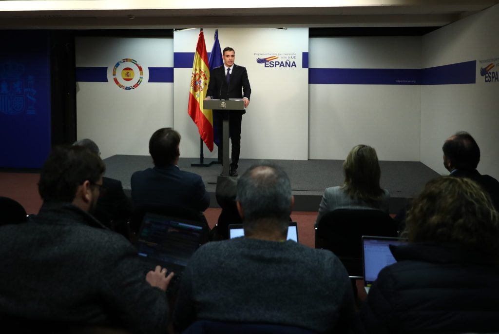 El presidente Pedro Sánchez en la rueda de prensa ofrecida el jueves en Bruselas. 