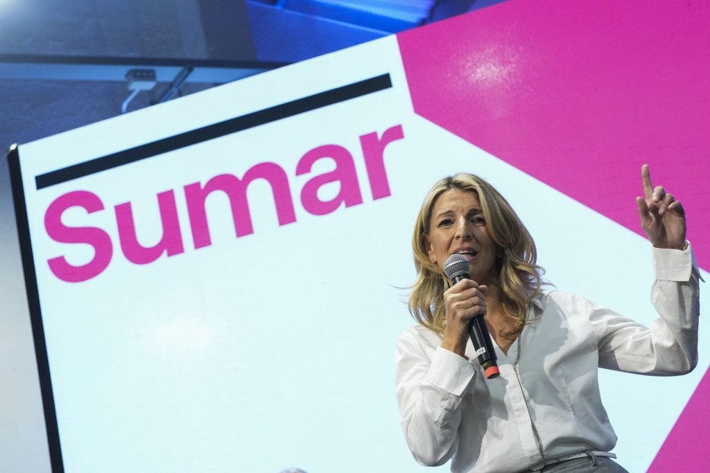 La vicepresidenta segunda y ministra de Trabajo y Economía Social, Yolanda Díaz, en un acto del nuevo proyecto político Sumar, este pasado jueves en Madrid.