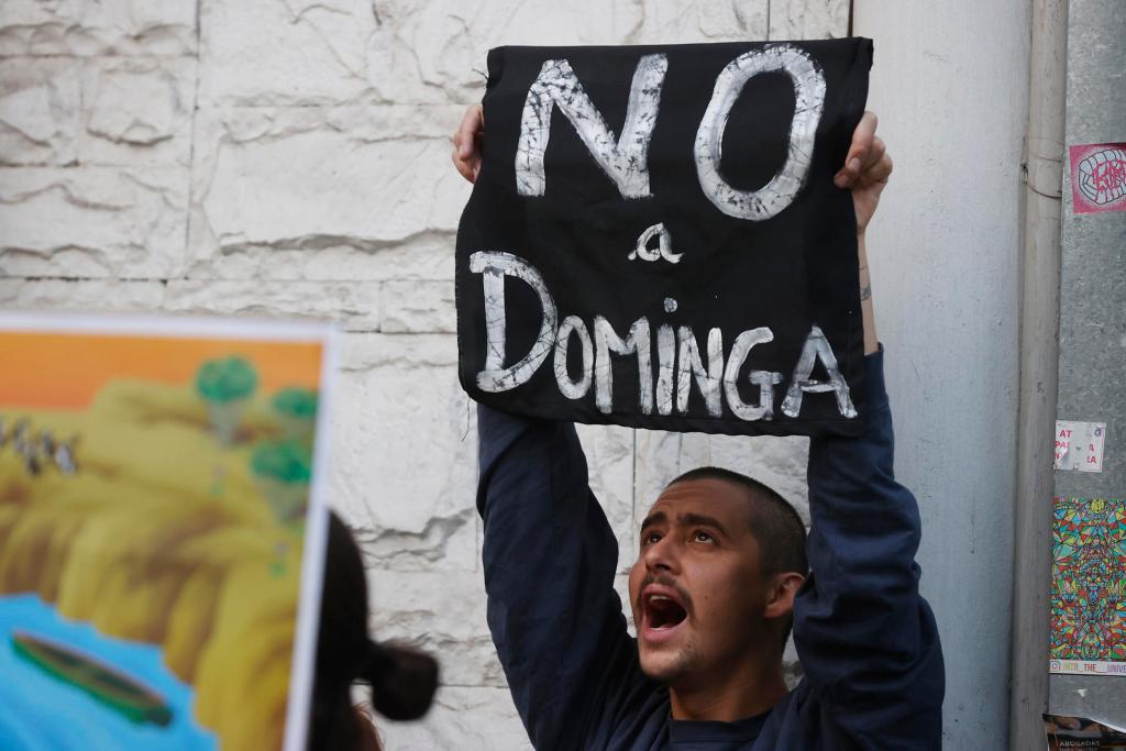 Personas se manifiestan hoy en contra del controvertido megaproyecto Dominga para la extracción de concentrado de hierro y cobre, afuera del ministerio de Medio ambiente, en Santiago (Chile). EFE/Elvis González
