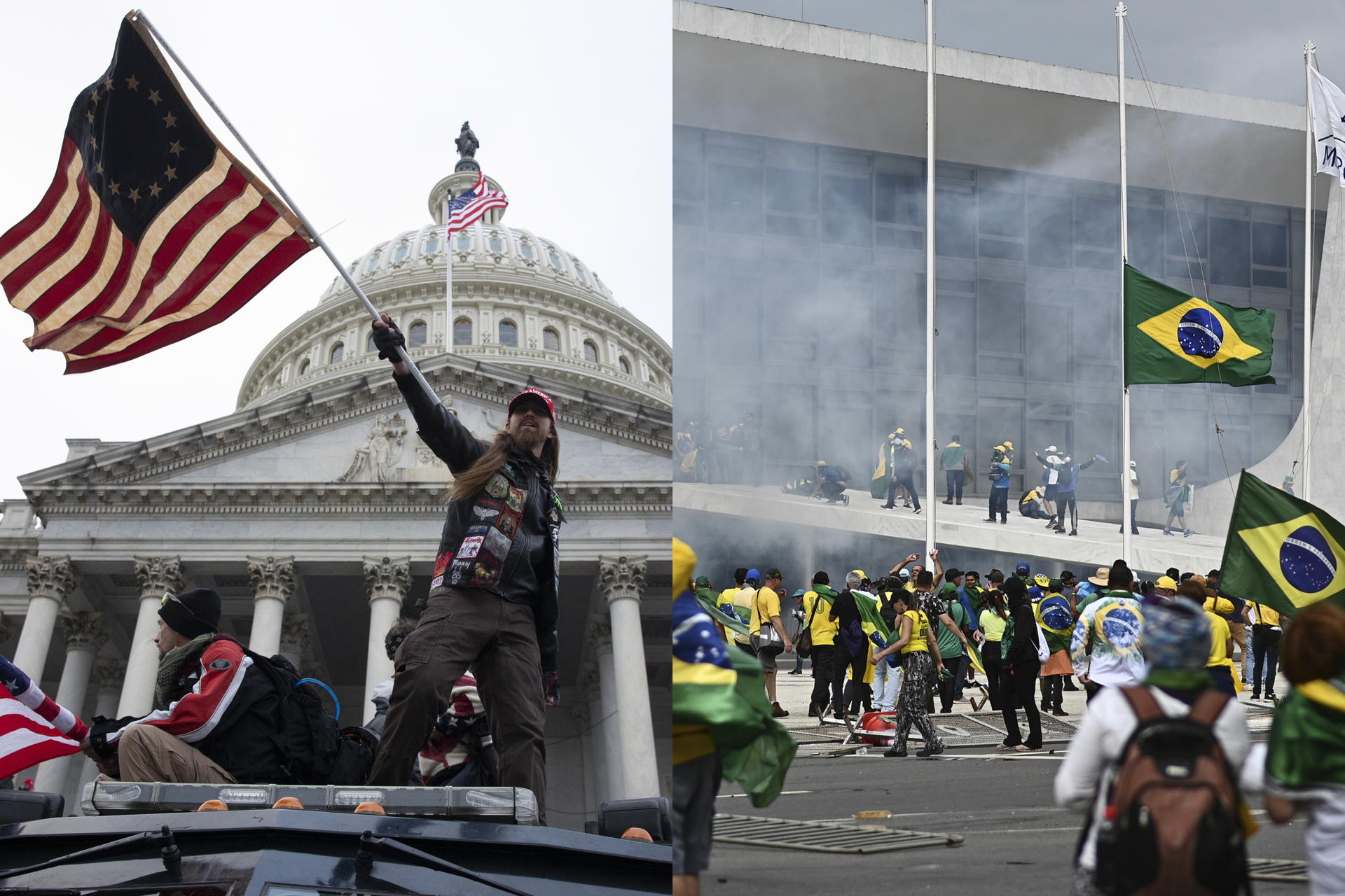 Combo de fotografías que muestra, a la izquierda, a dos manifestantes pro Trump durante la toma del Capitolio el 6 de enero de 2021, en Washington (EE.UU.) y a la derecha, la toma de hoy por parte de manifestantes Bolsonaristas en la sede del poder de la república de Brasil. EFE/ ARCHIVO