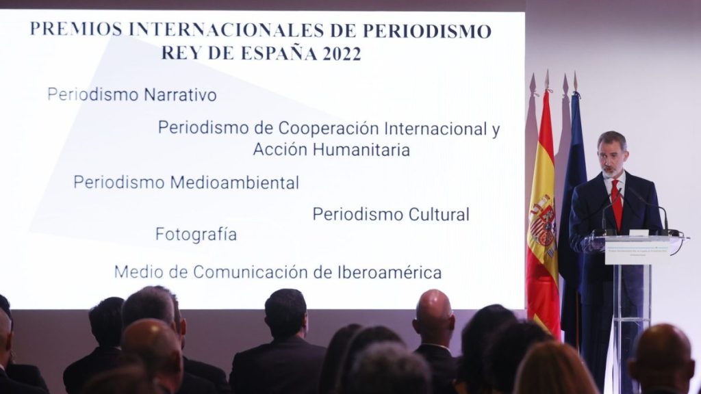 El rey Felipe durante el acto de entrega de los Premios Internacionales de Periodismo Rey de España, en 2022.