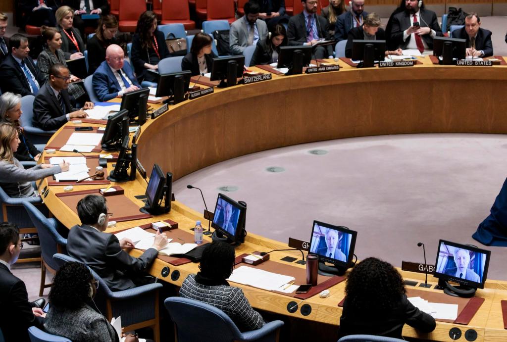 Miembros del Consejo de Seguridad de la ONU escuchan un pronunciamiento del fundador de Pink Floyd, el británico Roger Waters, a través de videoconferencia, este 8 de febrero de 2022, en Nueva York. EFE/Justin Lane
