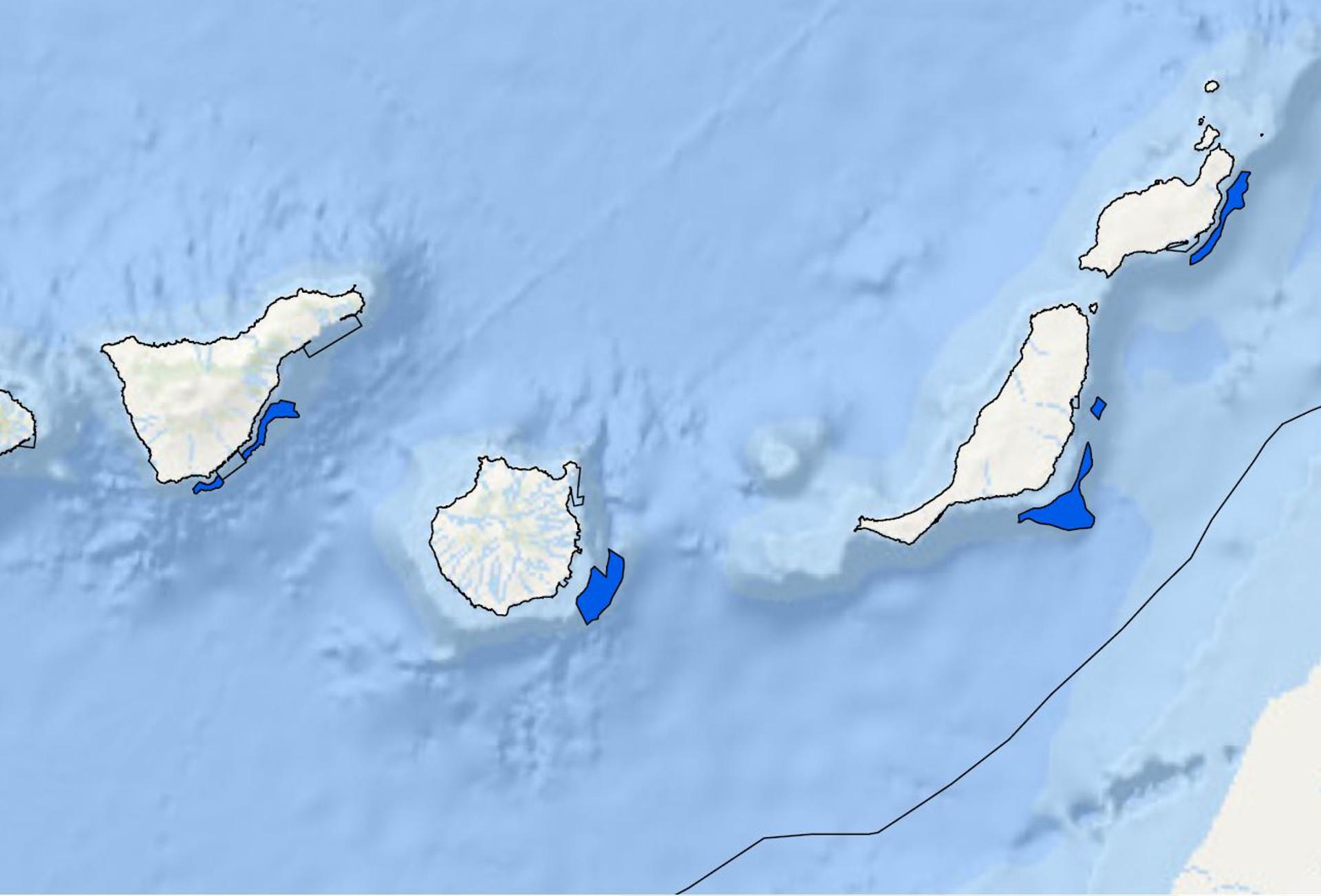 Imagen de las seis zonas de alto potencial para la energía eólica marina definidas en Canarias, obtenida de los documentos publicados por el Ministerio de Transición Ecológica. EFE