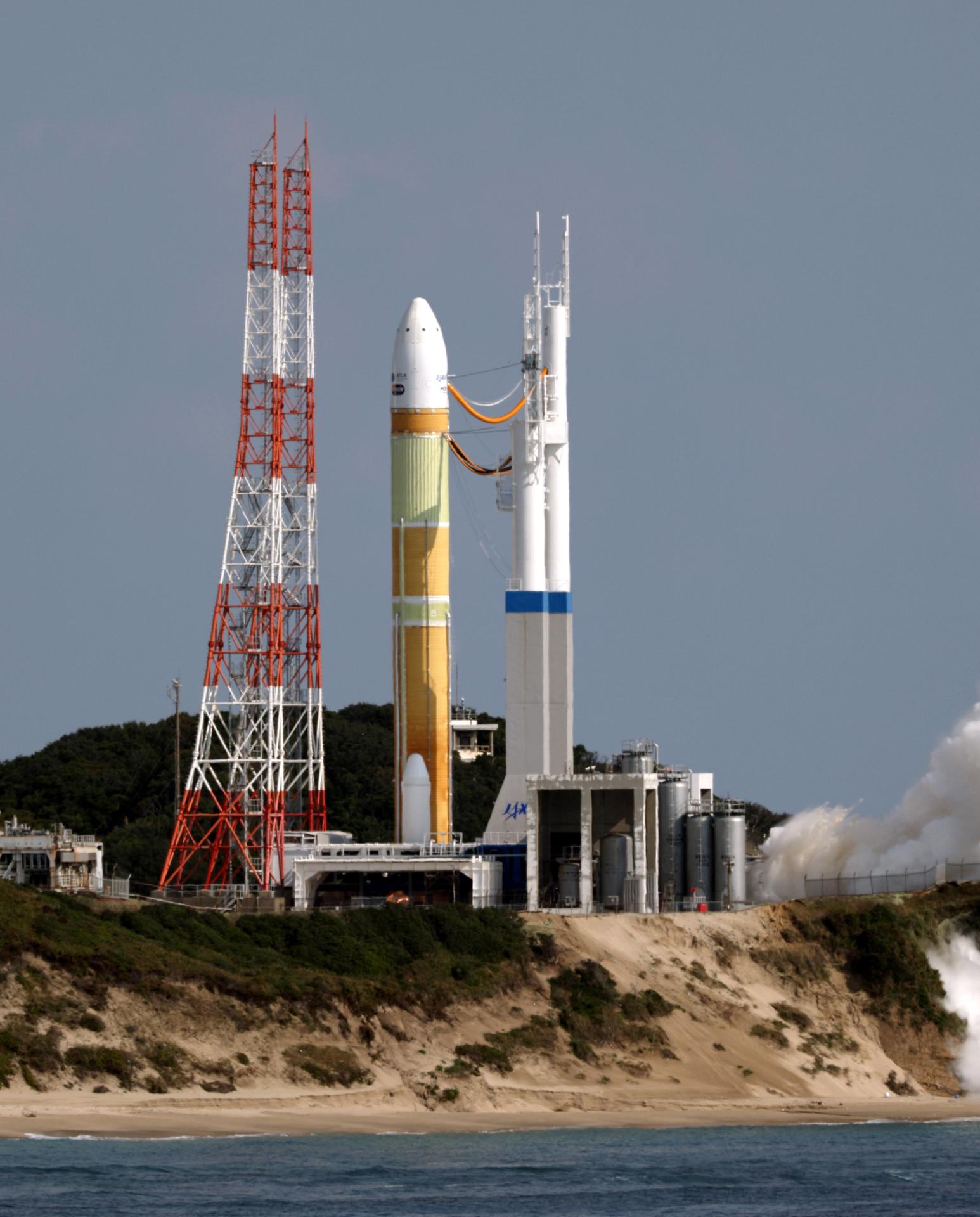 Japan's new H3 rocket is seen after the cancellation of its launch at the Tanegashima Space Center located on Tanegashima island, Kagoshima Prefecture, southwestern Japan, 17 February 2023. EFE-EPA/JIJI PRESS JAPAN OUT EDITORIAL USE ONLY/