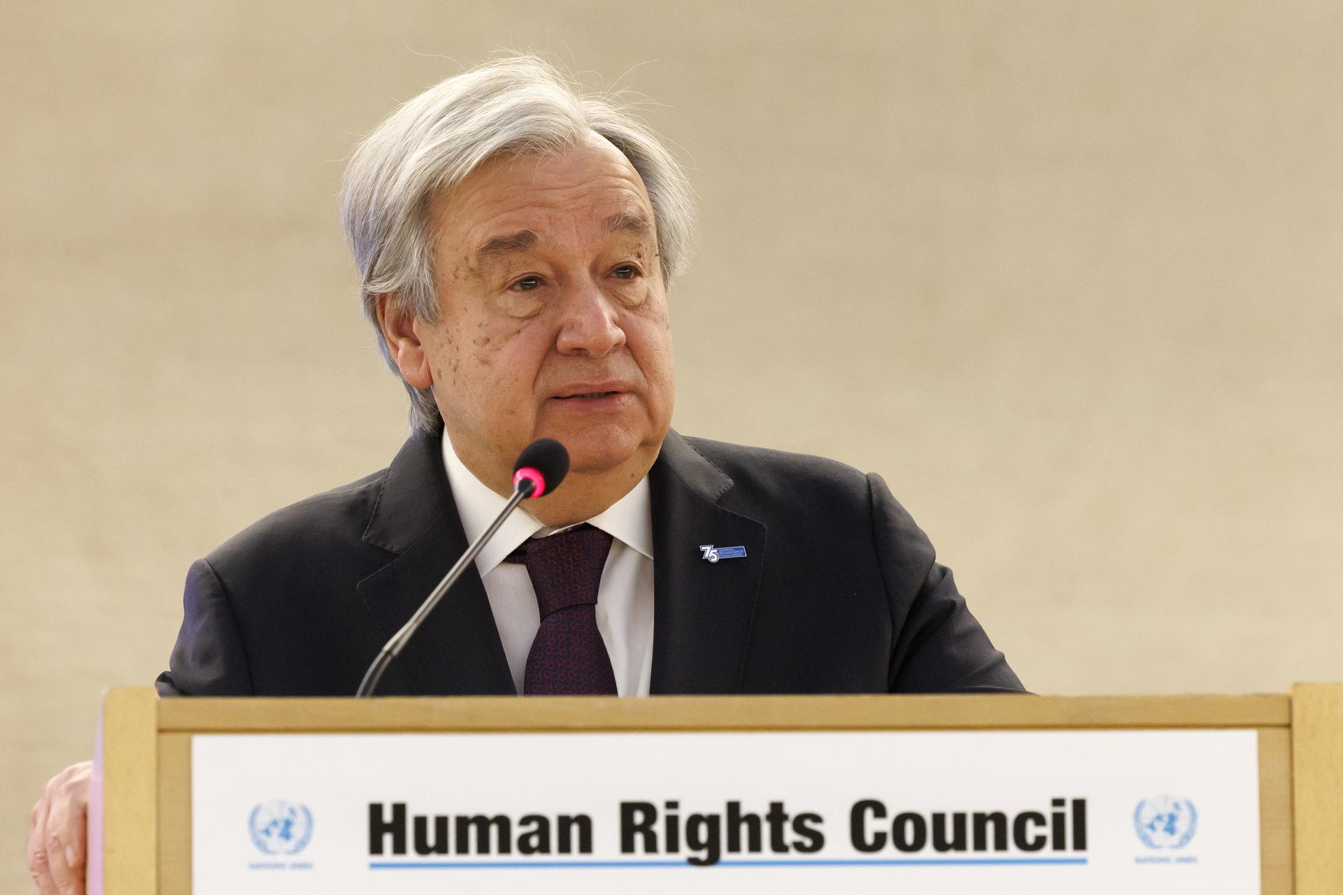 U.N. Secretary-General Antonio Guterres adresses his statement, during the opening of the High-Level Segment of the 52nd session of the Human Rights Council, at the European headquarters of the United Nations in Geneva, Switzerland, 27 February 2023.EFE/EPA/SALVATORE DI NOLFI