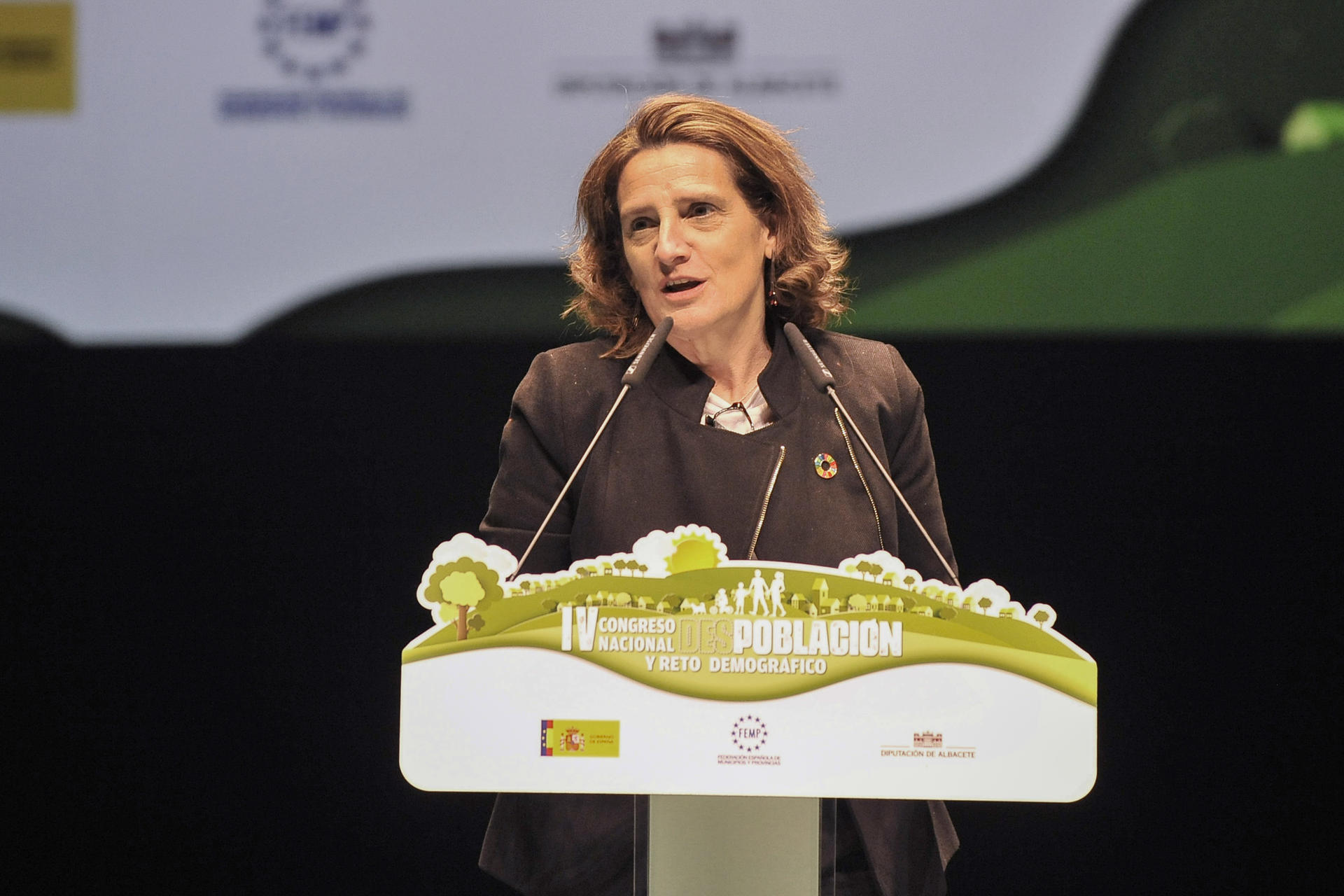 La vicepresidenta tercera y ministra para la Transición Ecológica y el Reto Demográfico, Teresa Ribera, inaugura el IV Congreso Nacional de Despoblación celebrado este jueves en Albacete. EFE/ Manu