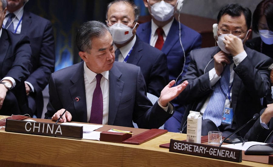 El máximo responsable de la diplomacia china, Wang Yi, en una reunión del Consejo de Seguridad de la ONU sobre la guerra en Ucrania