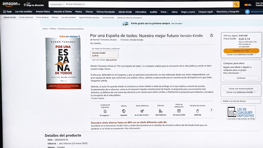 Captura de pantalla en la que Ramón Tamames ha puesto a la venta en Amazon su discurso de la moción de censura presentada por Vox.