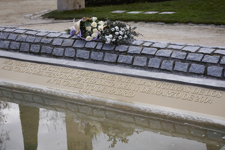 View of the plaque placed in the Forest of Remembrance of the Retiro park for the attacks of 11-M in Madrid. 