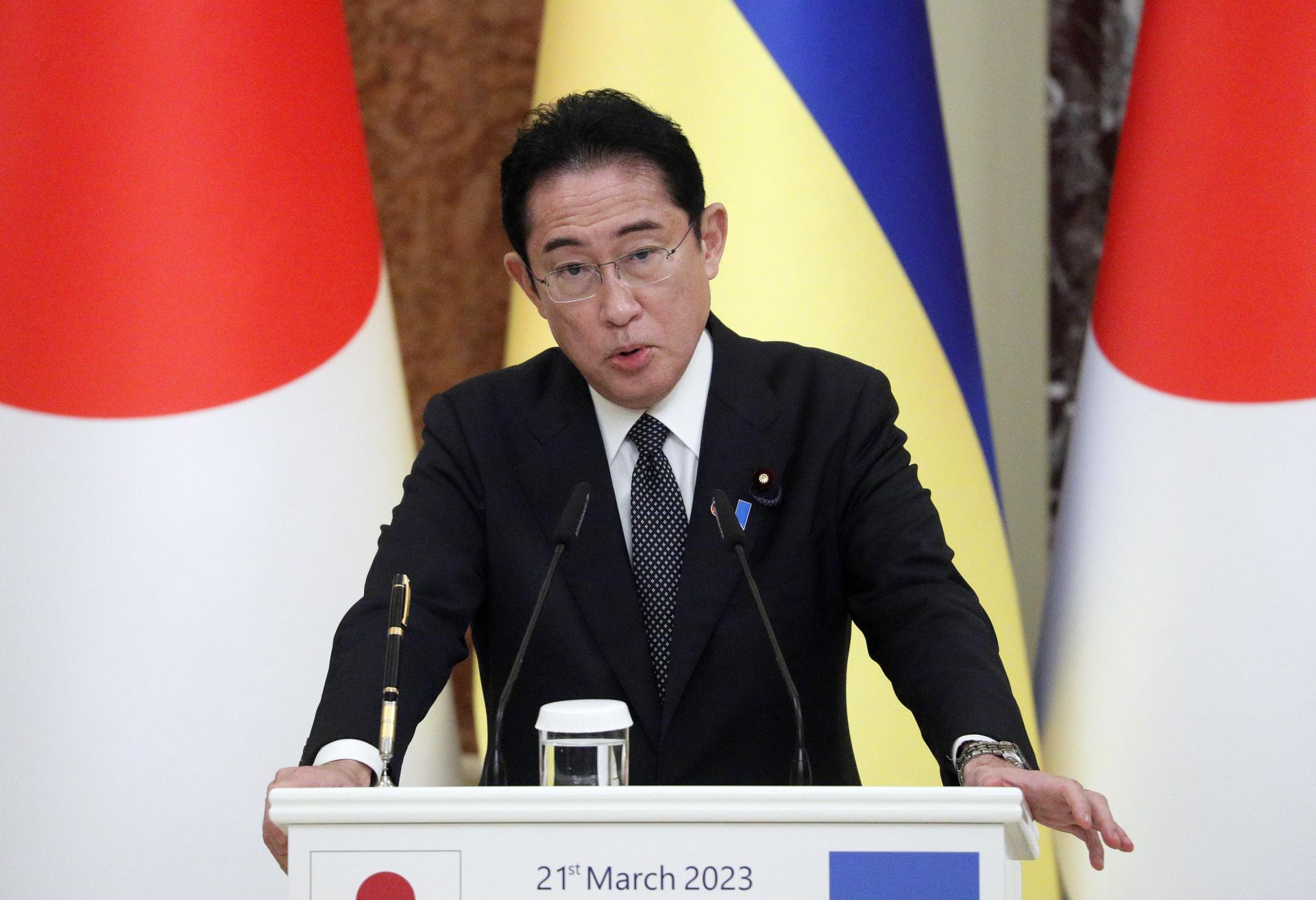 Japanese Prime Minister Fumio Kishida speaks at a joint press conference with Ukrainian President Volodymyr Zelensky (not pictured) following their meeting in Kyiv, Ukraine, 21 March 2023. EFE-EPA/SERGEY DOLZHENKO