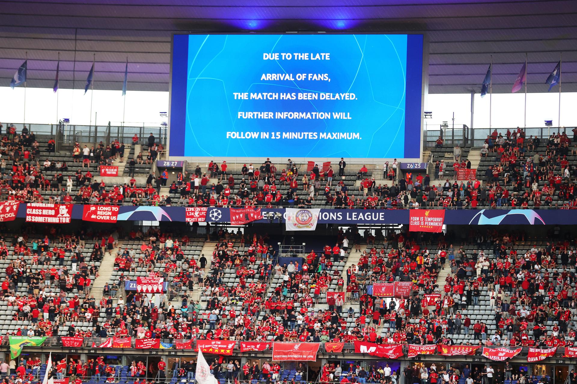 (FILE) An announcemnt for the delayed kick-off of the UEFA Champions League final between Liverpool FC and Real Madrid at Stade de France in Saint-Denis, near Paris, France, 28 May 2022. EFE/EPA/FRIEDEMANN VOGEL