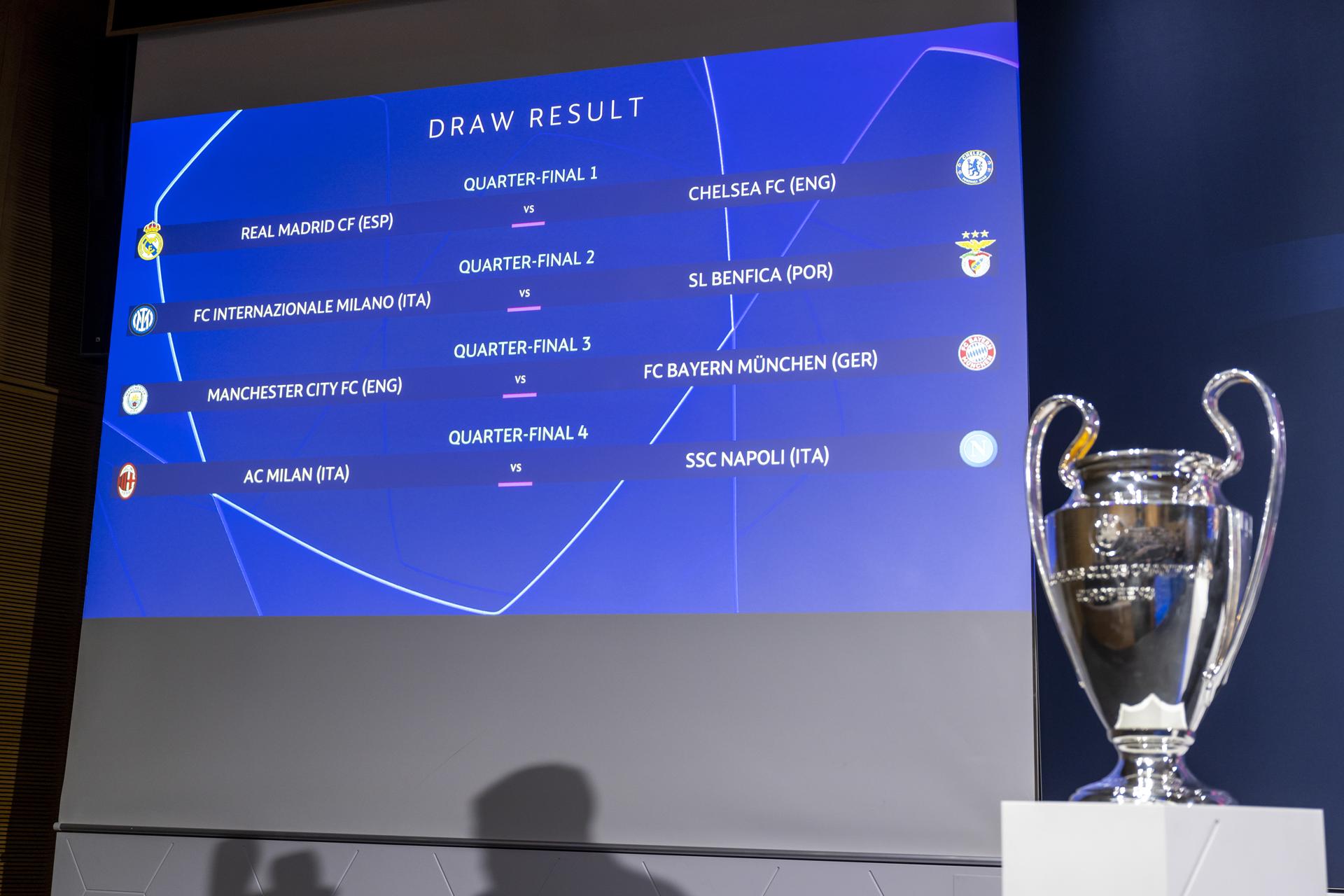 Match fixtures are shown on an electronic panel during the UEFA Champions League 2022/23 round of quarter-final, semi-final and final draw, at the UEFA Headquarters in Nyon, Switzerland 17 March 2023. EFE/EPA/MARTIAL TREZZINI