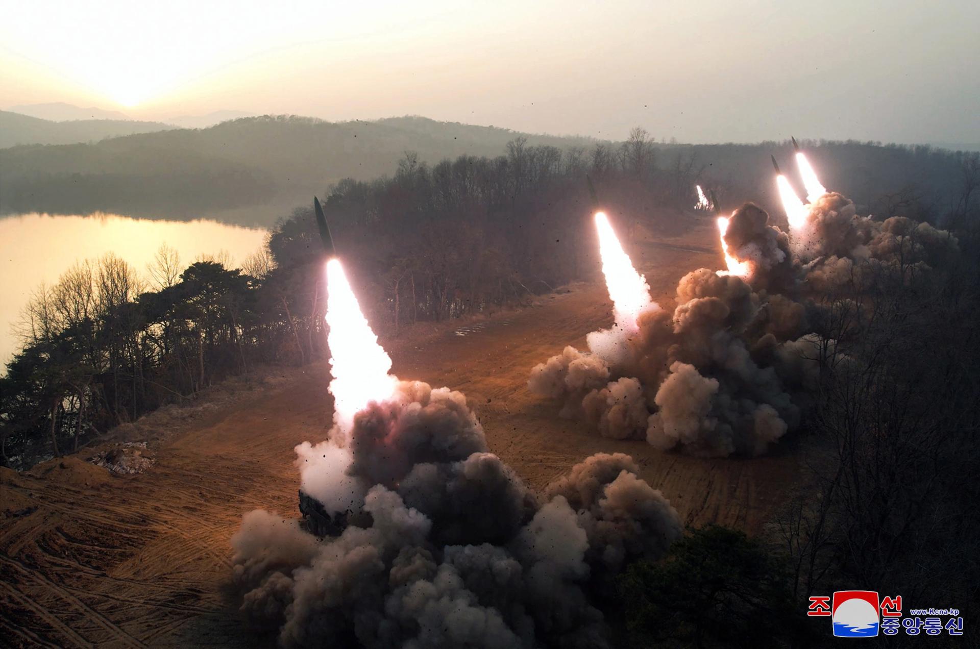 A photo released by the official North Korean Central News Agency (KCNA) shows an artillery drill in an undisclosed location in North Korea, 09 March 2023 (issued 10 March 2023). EFE-EPA/KCNA EDITORIAL USE ONLY
