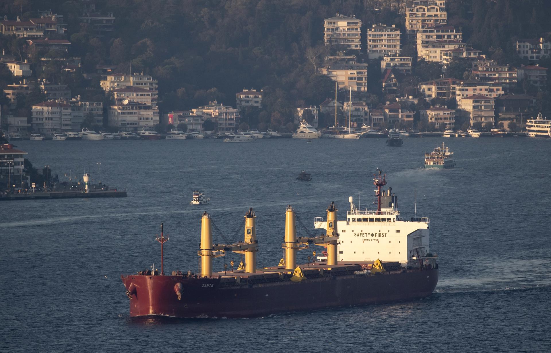 Un carguero transporta grano ucraniano por el Estrecho del Bósforo, en Estambul, Turquía