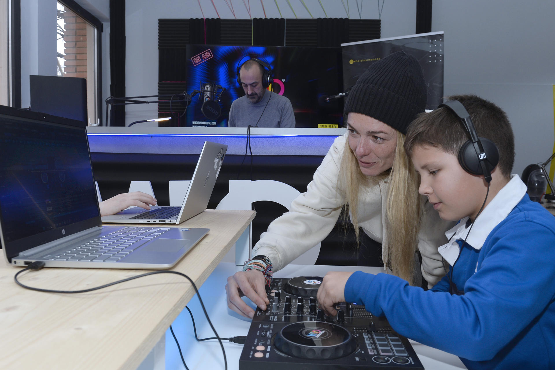 DJ María Arias (r) works with a young student at Spain's first state-funded electronic music school in Simancas, Valladolid, Spain, 1 March 2023. EFE/ Nacho Gallego