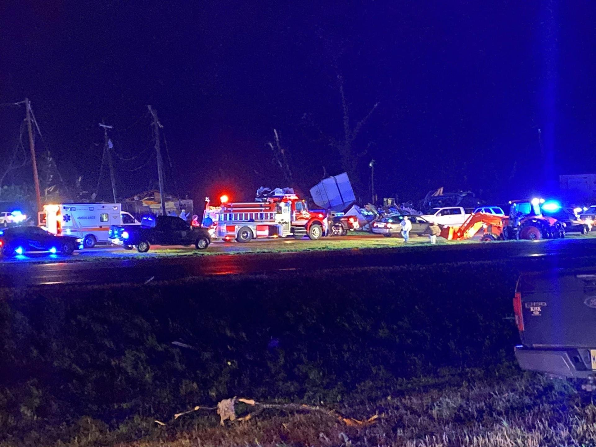A handout photo made available by Mississippi Highway Patrol showing destruction and emergency services at the scene after tornadoes tore through the US state of Mississippi late 24 March 2023. EFE/EPA/MISSISSIPPI HIGHWAY PATROL