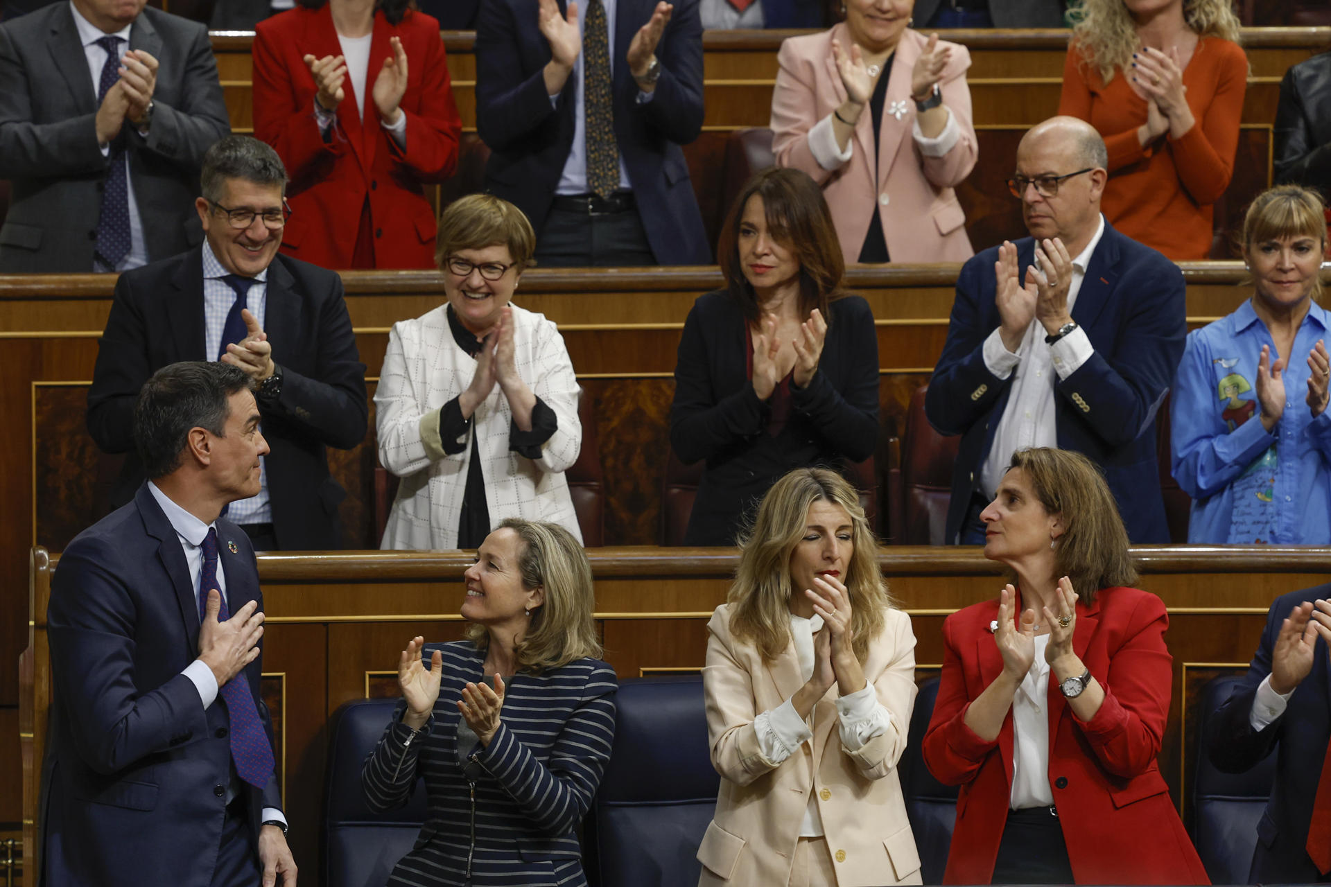 Socialist MPs applaud Spanish Prime Minister Pedro Sanchez after his intervention during the last day of the debate of the vote of no confidence against Pedro Sanchez at the Lower House in Madrid, Spain, 22 March 2023. EFE/ J.J. Guillen