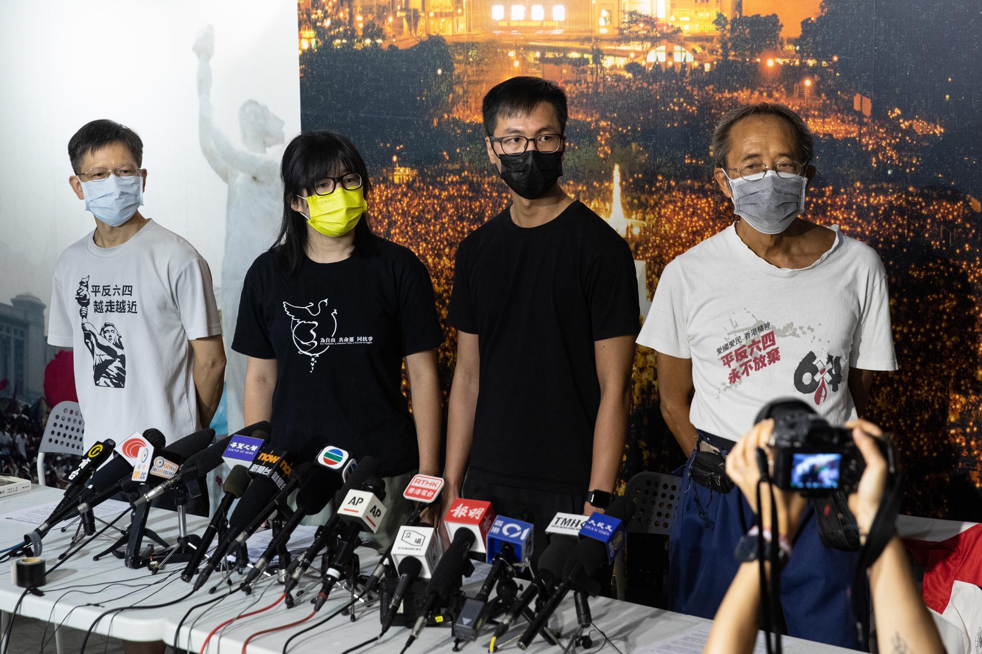 The vice-chairwoman of The Hong Kong Alliance in Support of Patriotic Democratic Movements in China Chow Hang-tung (2-L) and fellow alliance members Leung Kam-wai (2-R), and Tang Ngok-kwan (L), meet reporters in Hong Kong, China, 05 September 2021, (issued 08 September 2021). EFE-EPA FILE/JEROME FAVRE