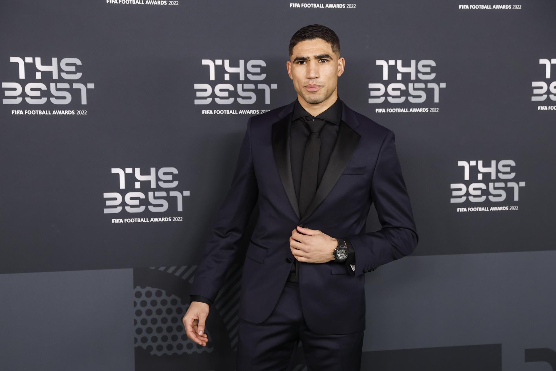 Moroccan soccer player Achraf Hakimi of Paris Saint-Germain FC arrives for the The Best FIFA Football Awards 2022 ceremony in Paris, France, 27 February 2023.  EFE/EPA/YOAN VALAT