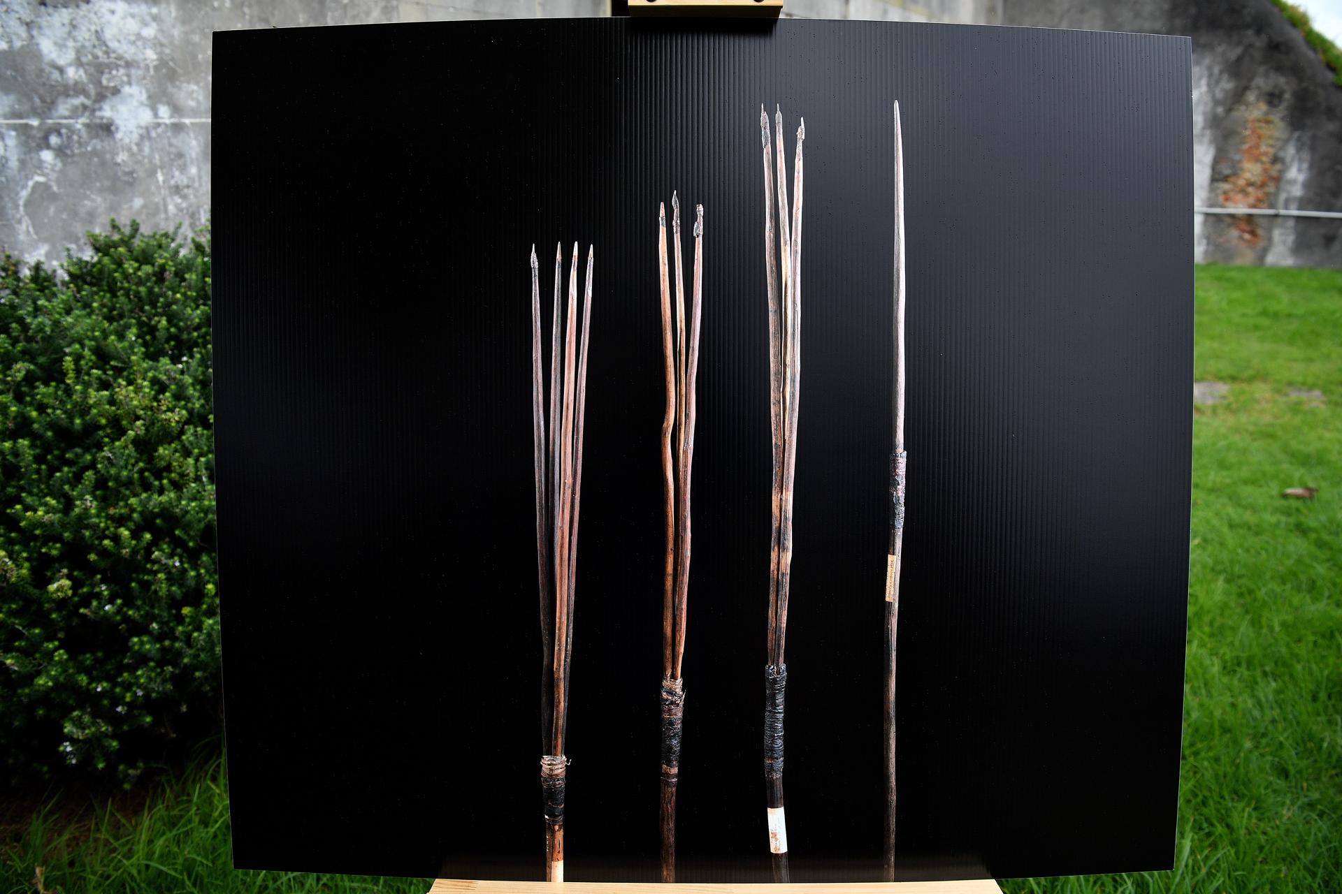 A photograph of the four historic Australian Aboriginal Kamay spears that will be repatriated back to Country is seen during a press conference on Bare Island, in Sydney, Australia, 02 March 2023. EFE-EPA/BIANCA DE MARCHI AUSTRALIA AND NEW ZEALAND OUT