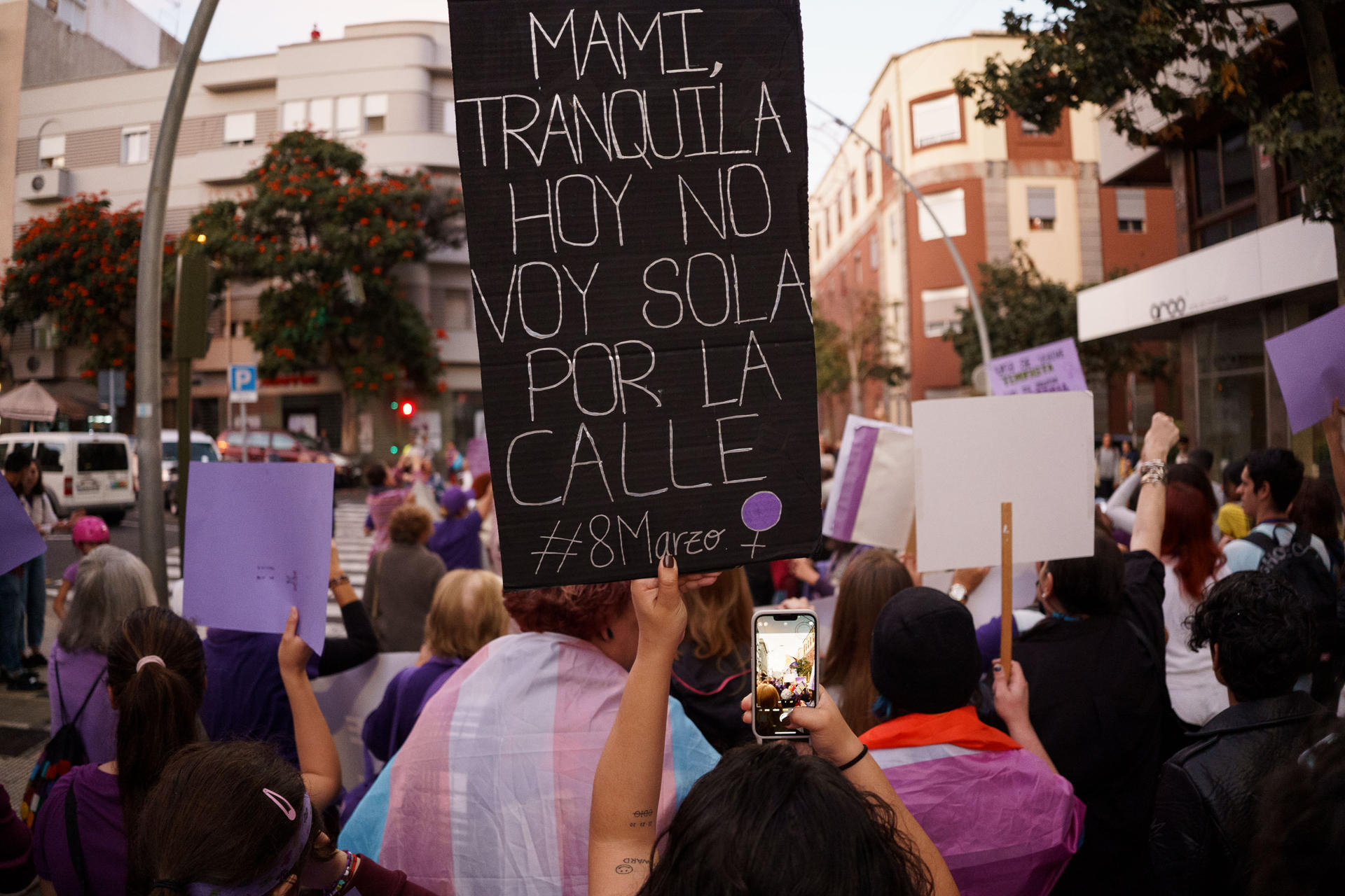 Centenares de personas recorren las calles de Santa Cruz de Tenerife este miércoles, 8 de marzo, en una manifestación con motivo del Día Internacional de la Mujer. EFE/Ramón de la Rocha