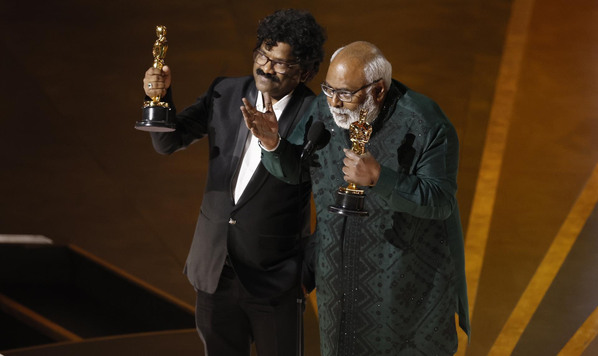 Chandrabose (L) and M.M. Keeravaani after winning the Oscar for Best Music (Original Song) for 'Naatu Naatu' from 'RRR' during the 95th annual Academy Awards ceremony at the Dolby Theatre in Hollywood, Los Angeles, California, USA, 12 March 2023. EFE/EPA/ETIENNE LAURENT