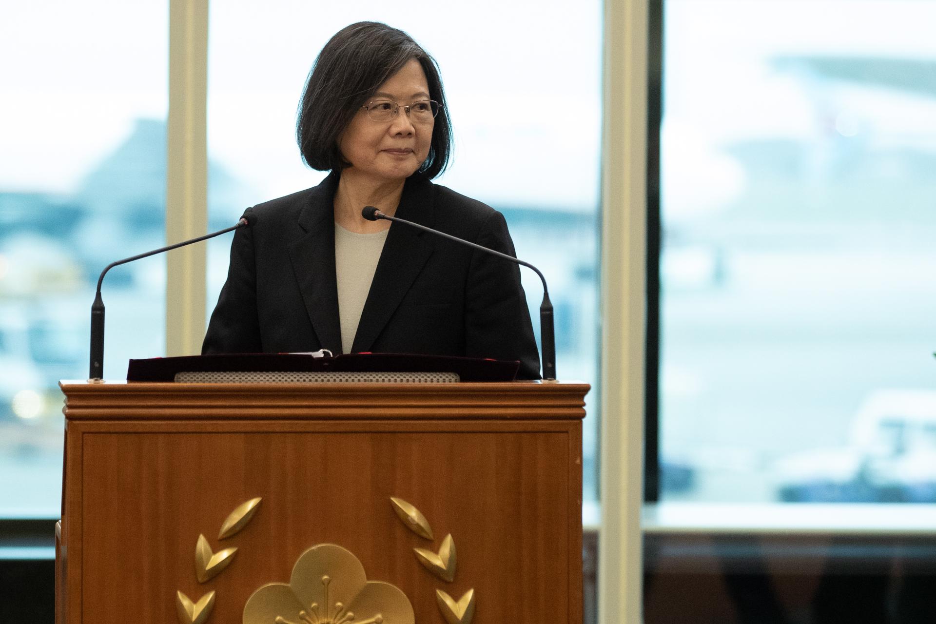 Taiwanese President Tsai Ing-wen delivers a speech prior to her departure for Central America, inside Taoyuan International Airport, in Taoyuan, Taiwan, 29 March 2023. EFE-EPA/RITCHIE B. TONGO