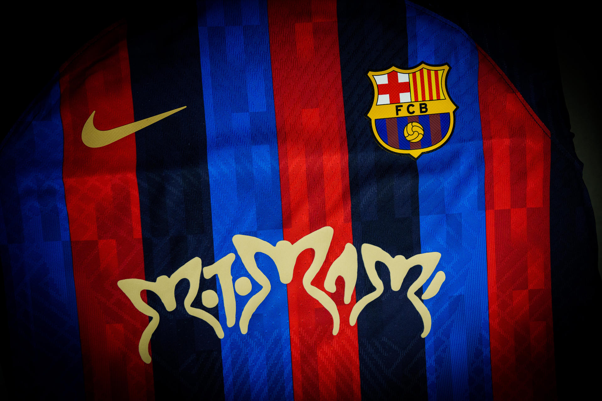 A handout picture released on 15 March 2023 by FC Barcelona showing the FC Barcelona jersey depicting the logo of Spanish artist Rosalia's Grammy-winning album 'Motomami' that the FC Barcelona's will wear for their LaLiga upcoming match against Real Madrid on 19 March. EFE/ FC BARCELONA/German Parga