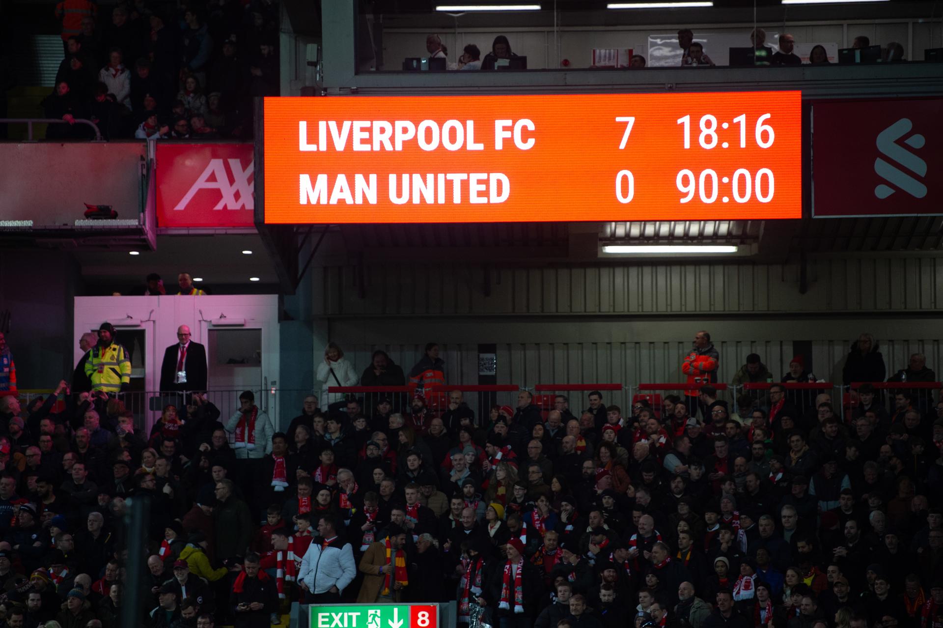 The final result on the scoreboard for the match between Liverpool and Manchester United in Liverpool, England, on March 5, 2023. EFE/EPA/Peter Powell