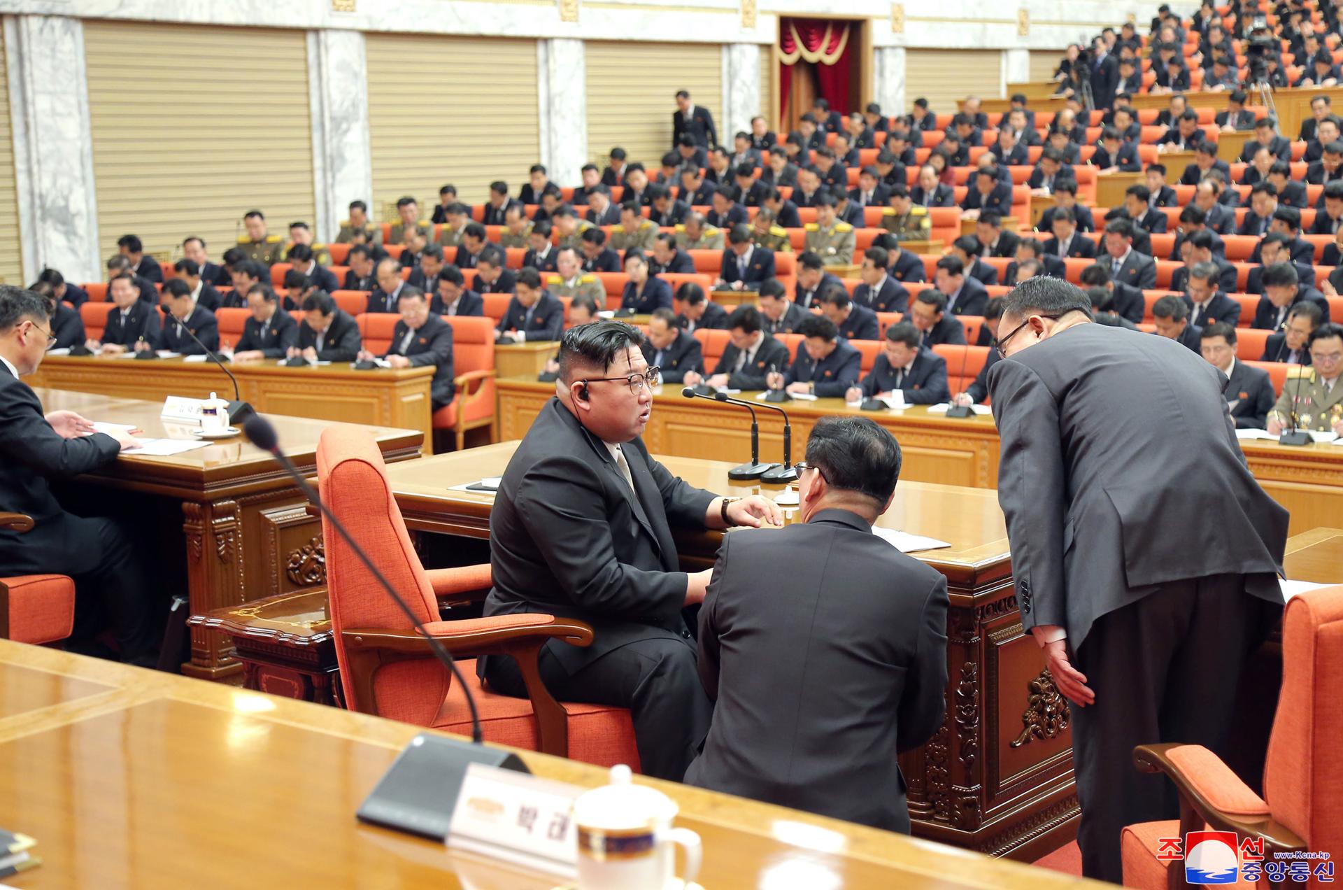 A photo released by the official North Korean Central News Agency (KCNA) shows North Korean Supreme Leader Kim Jong-un (C) presiding over the 7th enlarged plenary meeting of the 8th Central Committee of the Workers' Party of Korea (WPK) at the office building of the WPK Central Committee in Pyongyang, North Korea, 26 February 2023 (issued 27 February 2023). EFE-EPA/KCNA EDITORIAL USE ONLY
